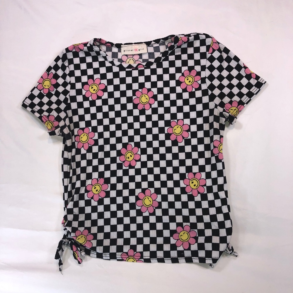 Glitter Girl Checkered Smiley Flower Ribbed Top Cinched Tie Sides Black White S